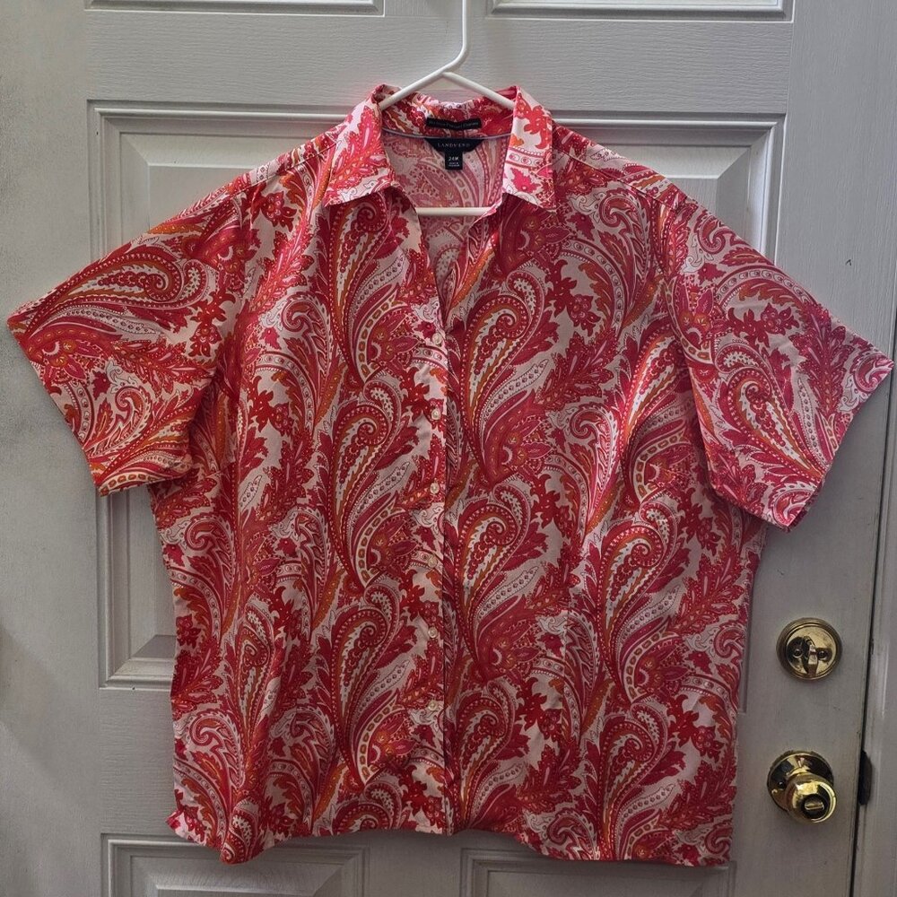 LANDS’ END Women's Orange Paisley Blouse Size 24W no iron